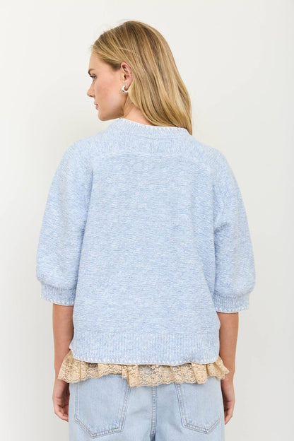 HEATHERED CONTRAST TRIM SHORT SLEEVE KNIT SWEATER