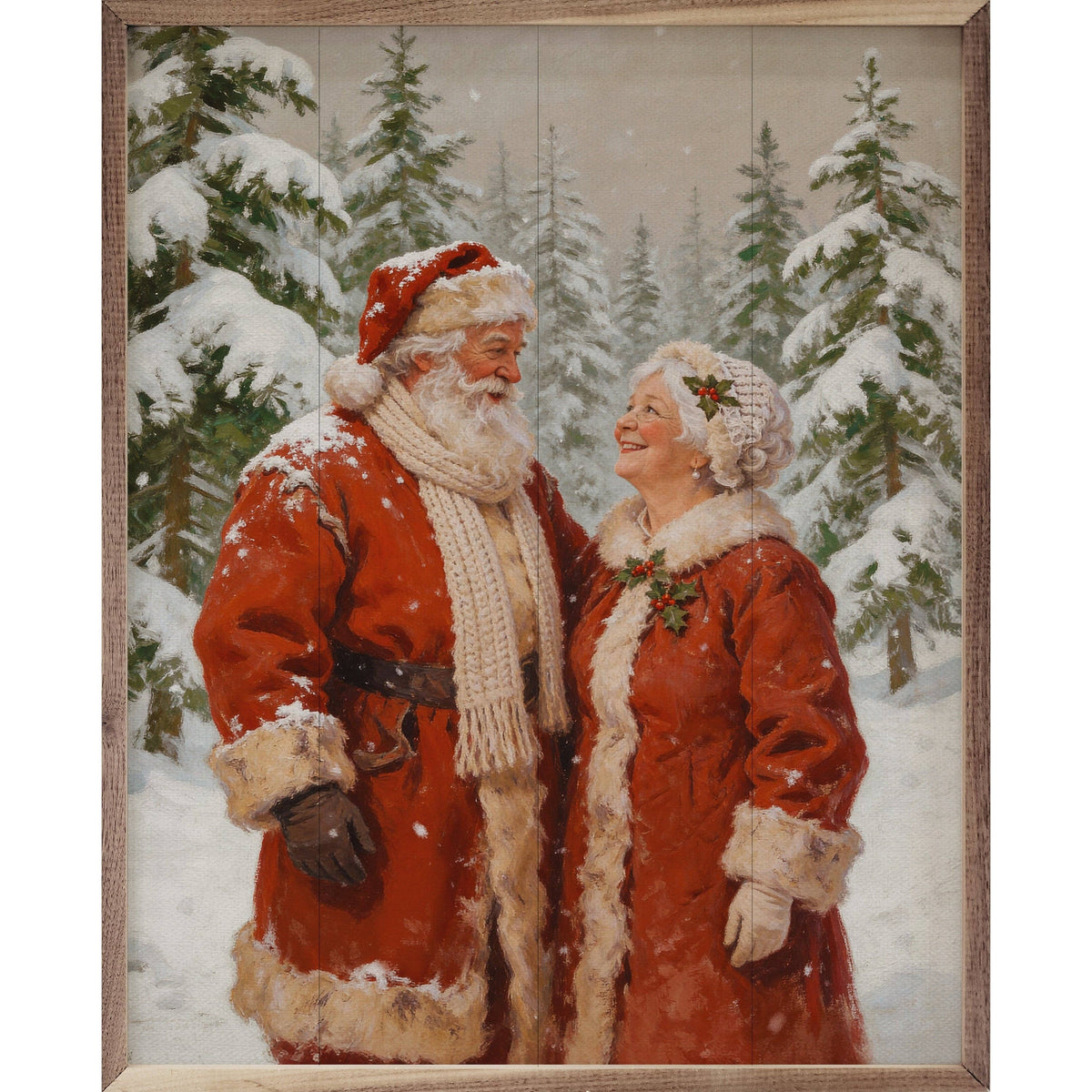 Framed painting of Santa and Mrs. Claus in snowy pine forest, red coats