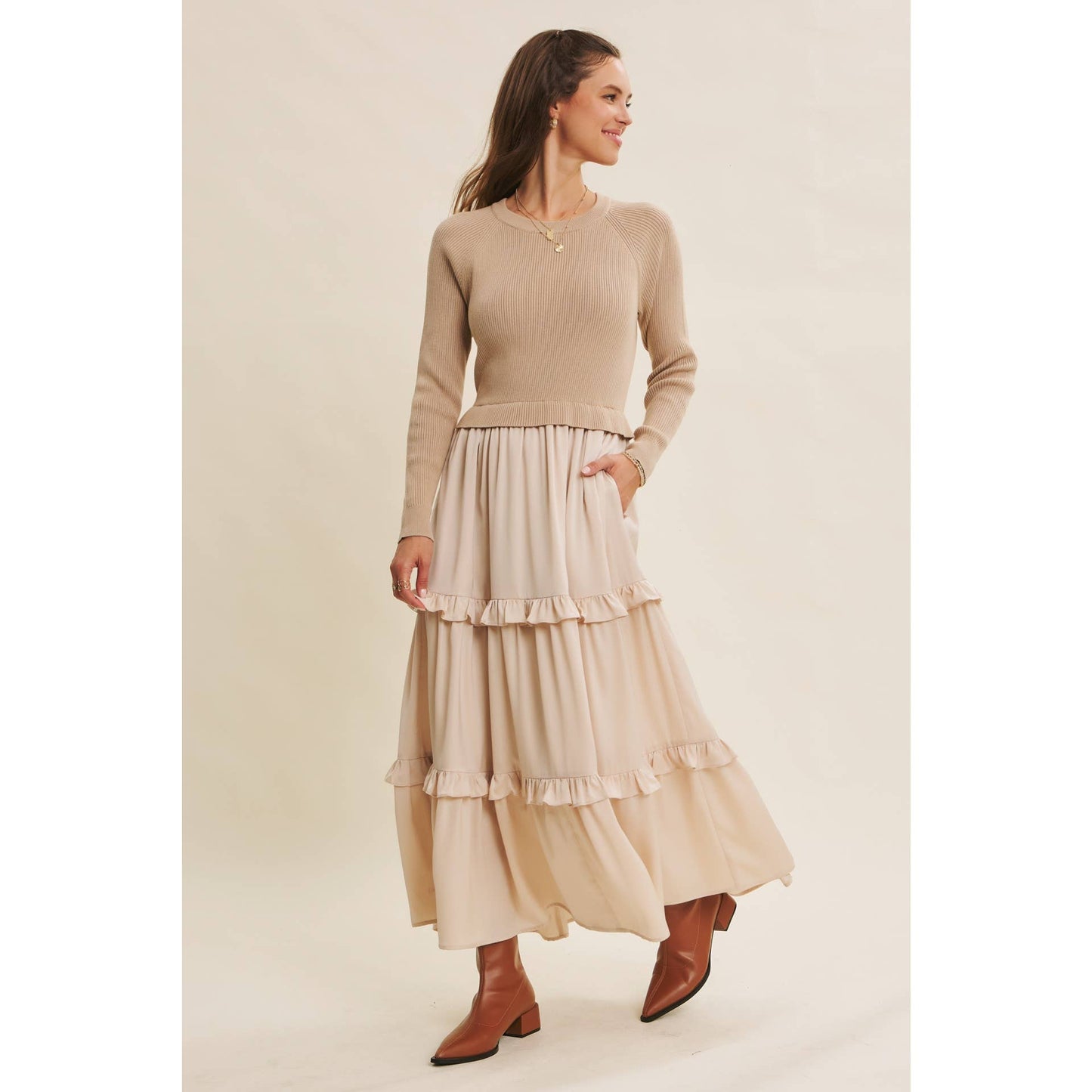 COMFORTABLE SWEATER AND SATIN TWOFER MAXI DRESS