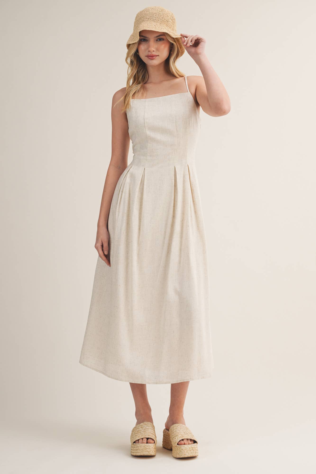 Seamed Bodice Pleated Midi Dress