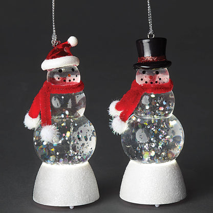 Two LED glass snowman ornaments with red scarves, Santa hat and top hat styles