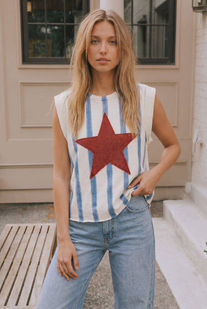 **Pre-Order**  Star Patch Striped Sleeveless Knit Top