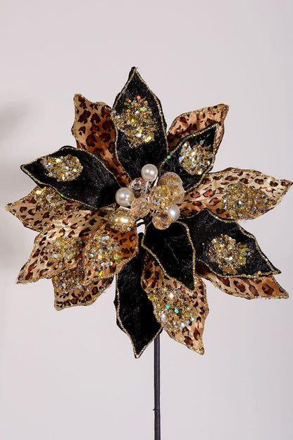 Large decorative poinsettia stem with black velvet and leopard print petals, gold glitter accents, and pearl center