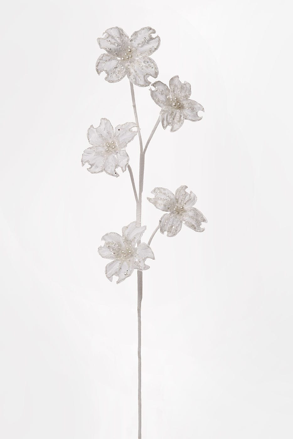 Artificial floral spray with five glittered white dogwood blooms and pearl centers on a single stem