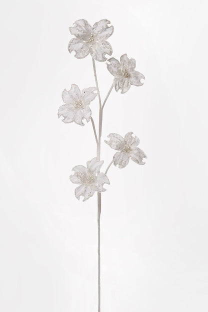 Artificial floral spray with five glittered white dogwood blooms and pearl centers on a single stem