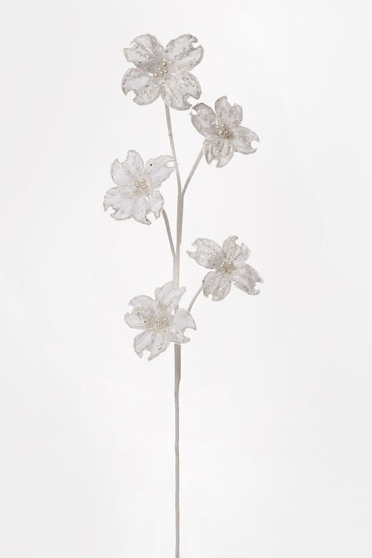 Artificial floral spray with five glittered white dogwood blooms and pearl centers on a single stem