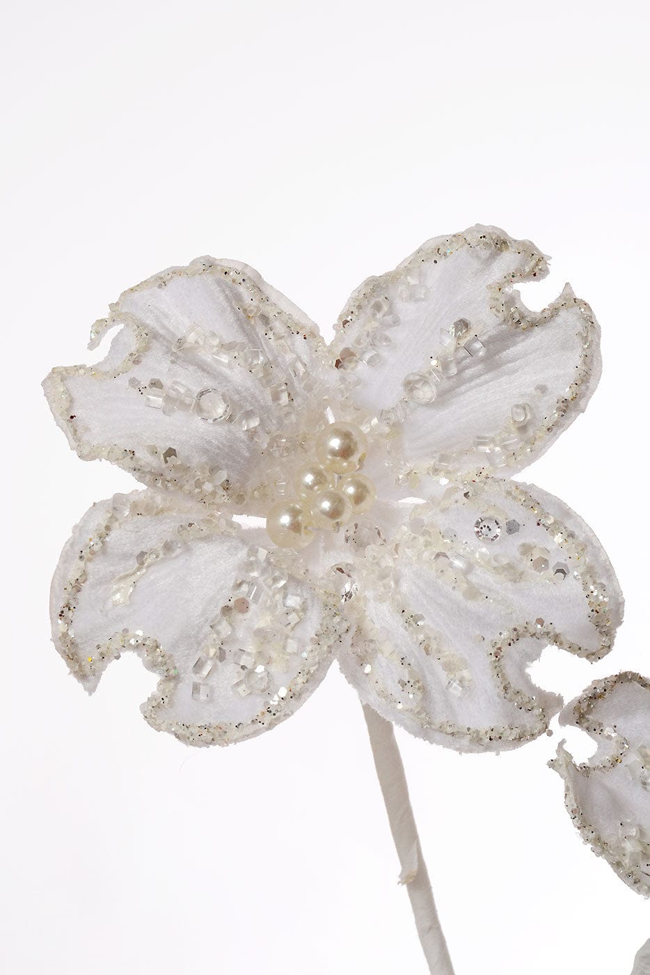 White fabric dogwood flower spray with pearl center, glitter edges, and crystal bead accents