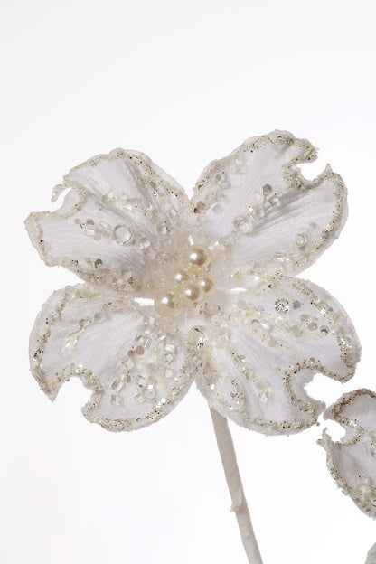 White fabric dogwood flower spray with pearl center, glitter edges, and crystal bead accents