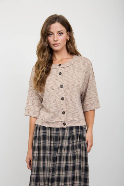 MARLED BUTTON DOWN SHORT SLEEVE RAW EDGE KNIT TOP