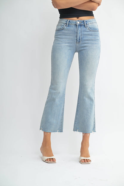 High Rise Crop Flare Distressed Hem
