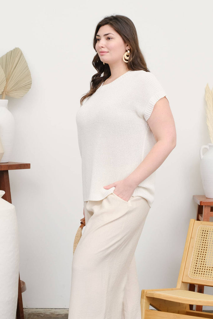 PLUS CREW NECK SHORT SLEEVE CROCHET KNIT PULLOVER