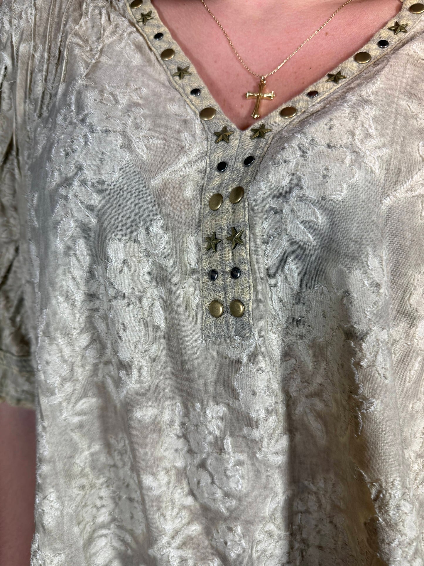 Washed Vintage Metallic V Neck Top