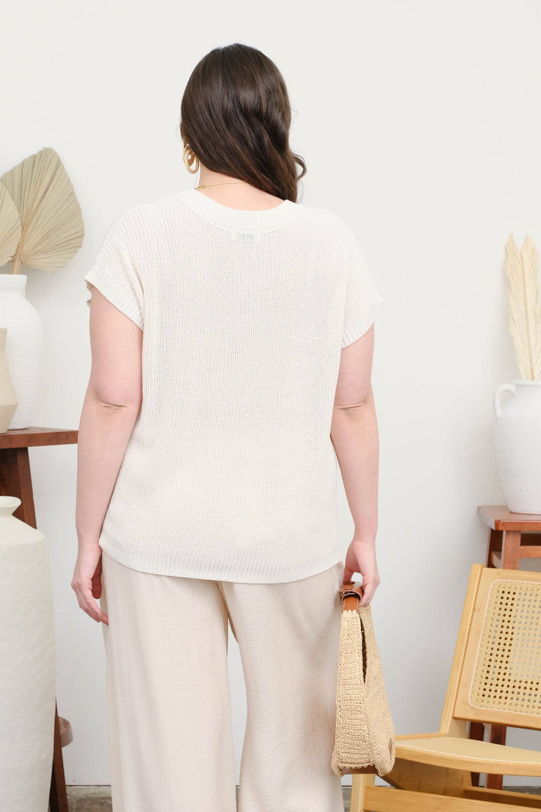 PLUS CREW NECK SHORT SLEEVE CROCHET KNIT PULLOVER