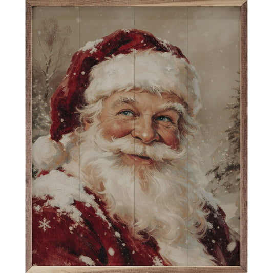 Framed vintage-style Santa Claus portrait painting with snow and winter trees