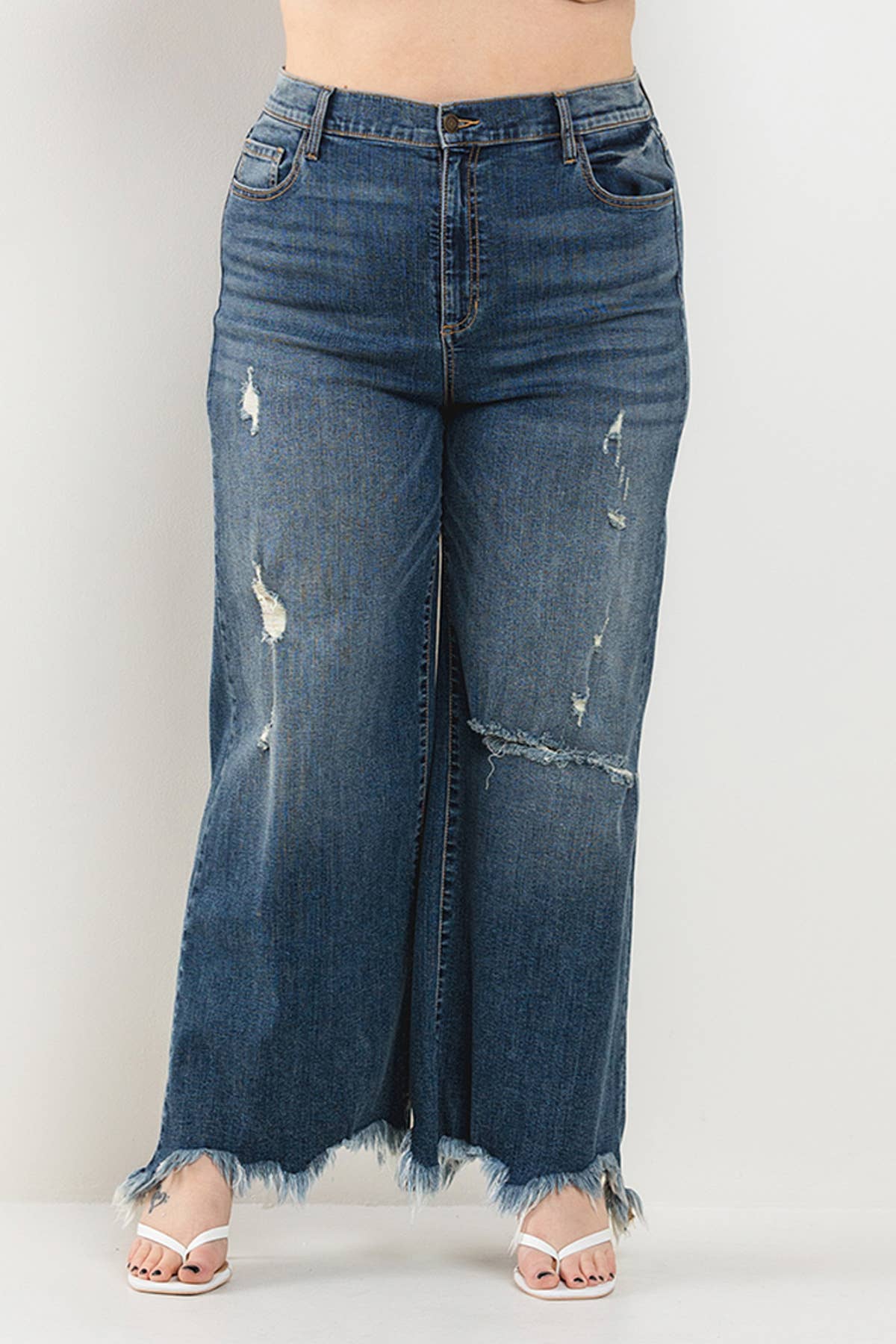 High Rise Distressed Cropped Wide Leg Jeans - Plus