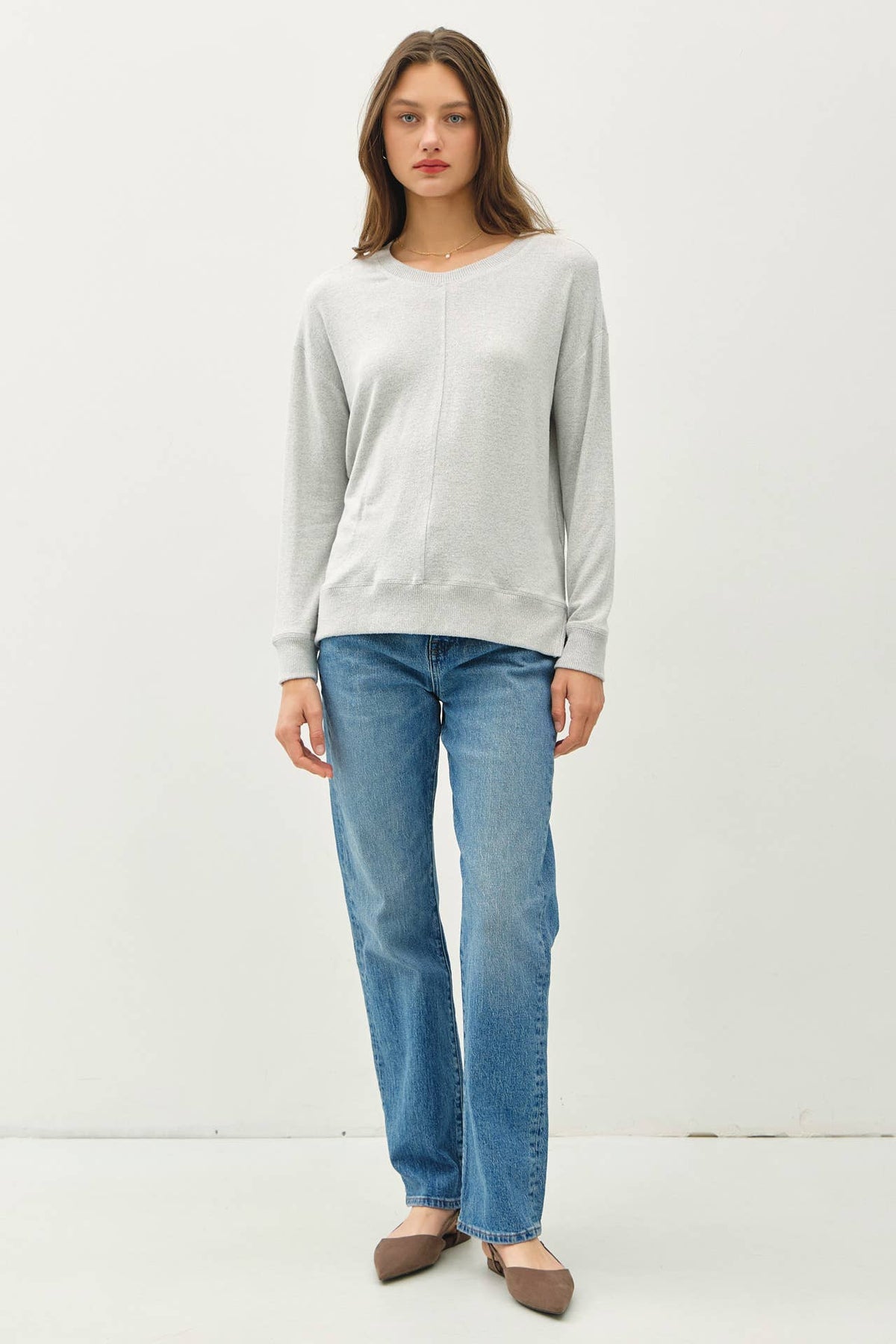 Be Cool light gray long sleeve brushed hacci pullover knit top with ribbed hem