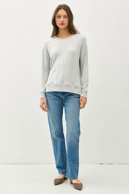 Be Cool light gray long sleeve brushed hacci pullover knit top with ribbed hem