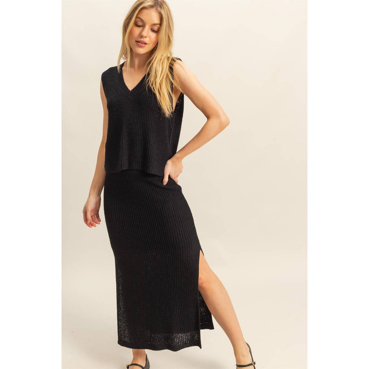 V Neck Knit Vest and Fitted Skirt Set HF25E254