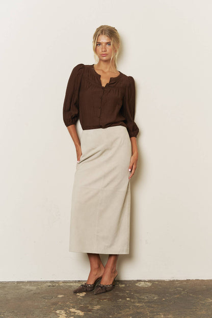 LACE YOKE BUTTON DOWN 3/4 SLEEVE TOP
