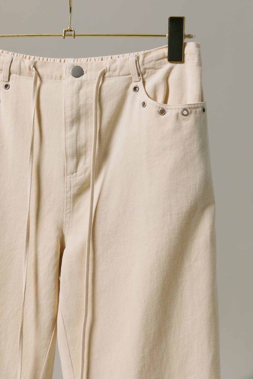 Midi Rise Ties On Waist Eyelet Trim Straight Fit Twill Pants