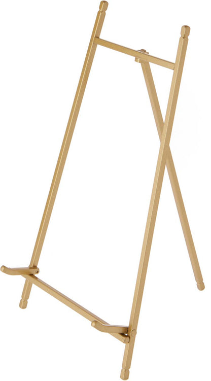 Gold satin metal display easel with adjustable ledge, 12 inches tall, tripod base