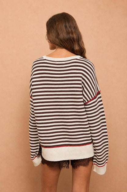 STRIPE CONTRAST STITCH RAW EDGE KNIT SWEATER