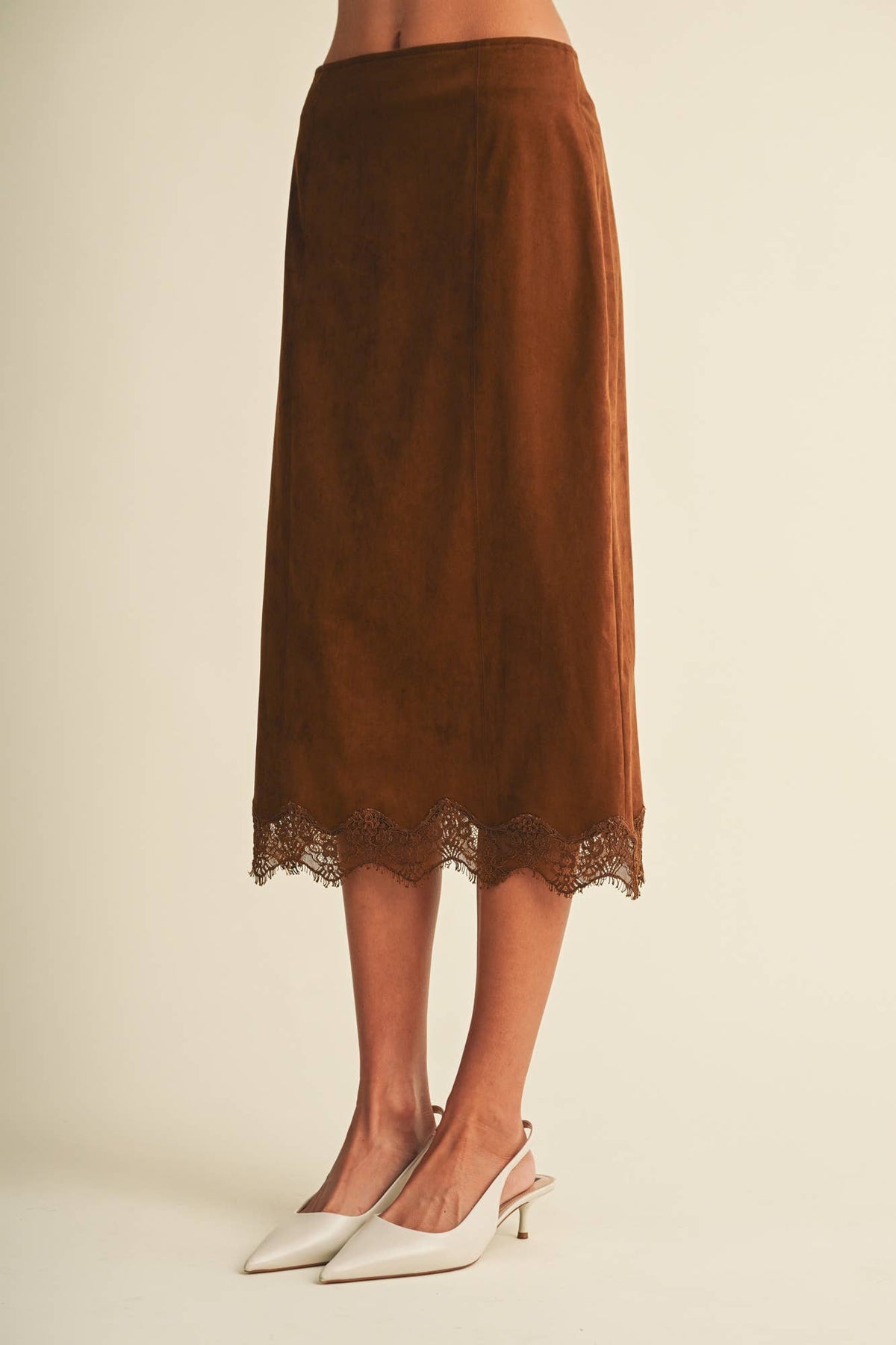 Scallop-Trim Microsuede Midi Skirt