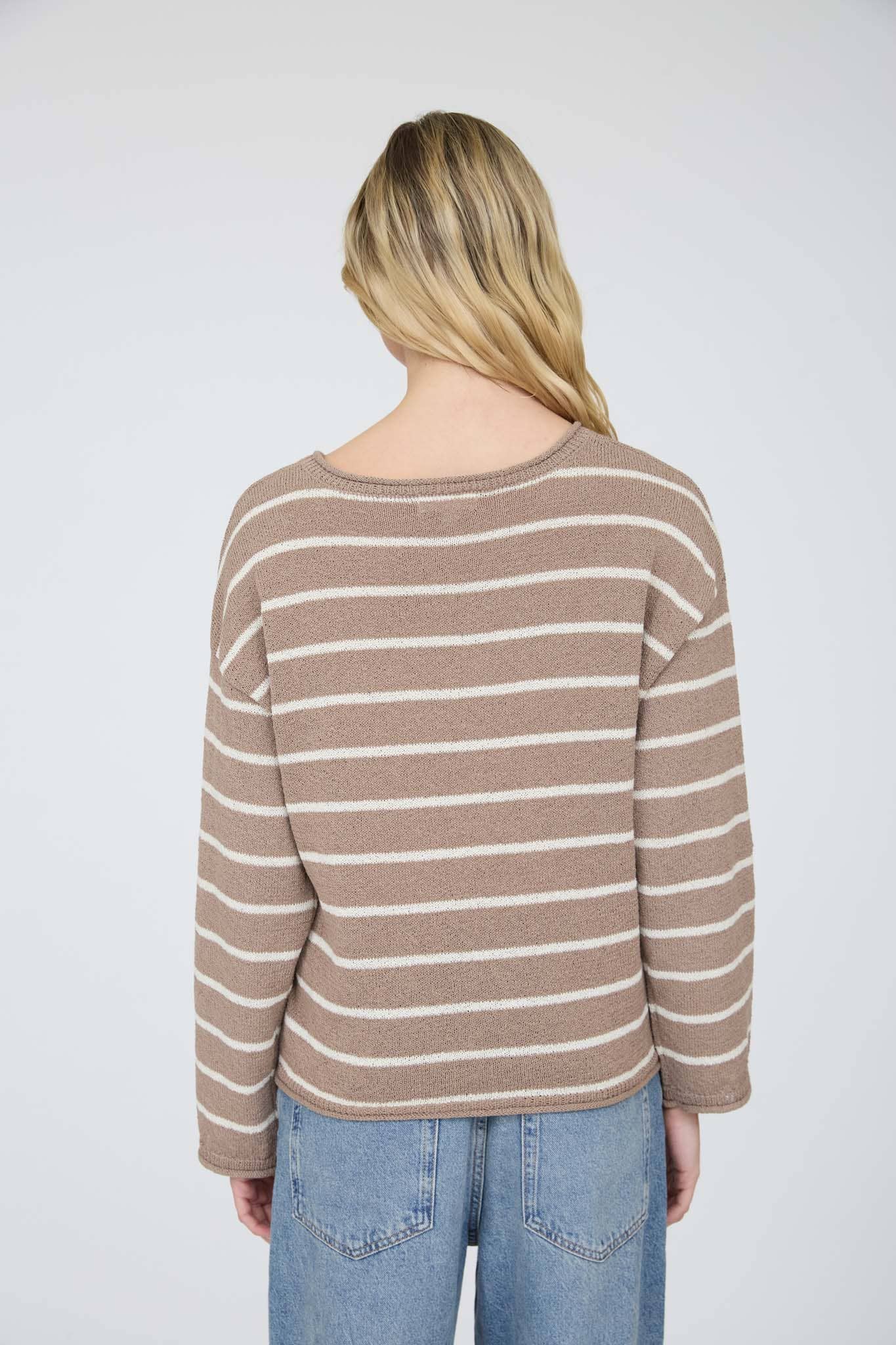 STRIPE TEXTURED RAW EDGE LONG SLEEVE KNIT SWEATER