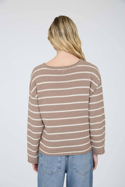 STRIPE TEXTURED RAW EDGE LONG SLEEVE KNIT SWEATER