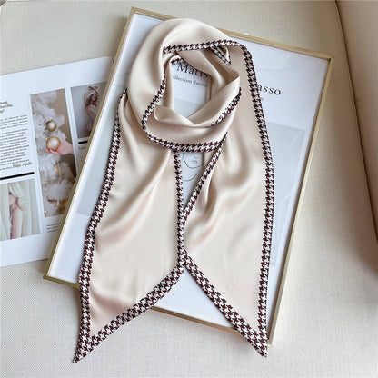 THIN SIMPLE GEOMETRIC LONG SILK HEAD SCARF_CWASC1521: Brown / (OS) 1
