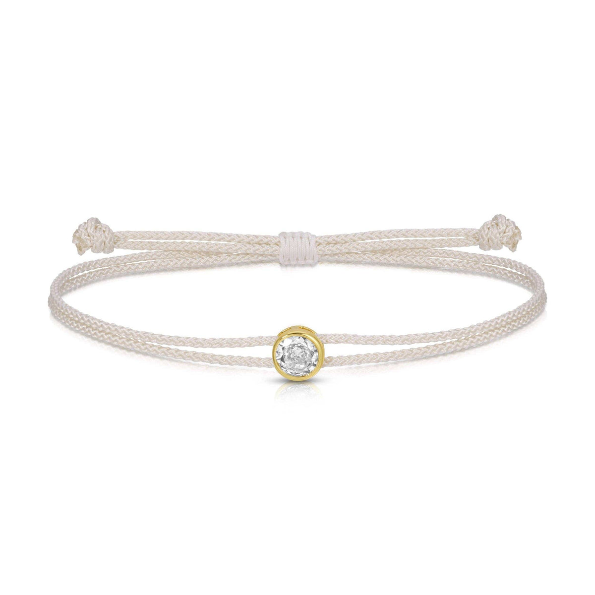 Cream braided adjustable slider bracelet with gold bezel crystal charm centerpiece