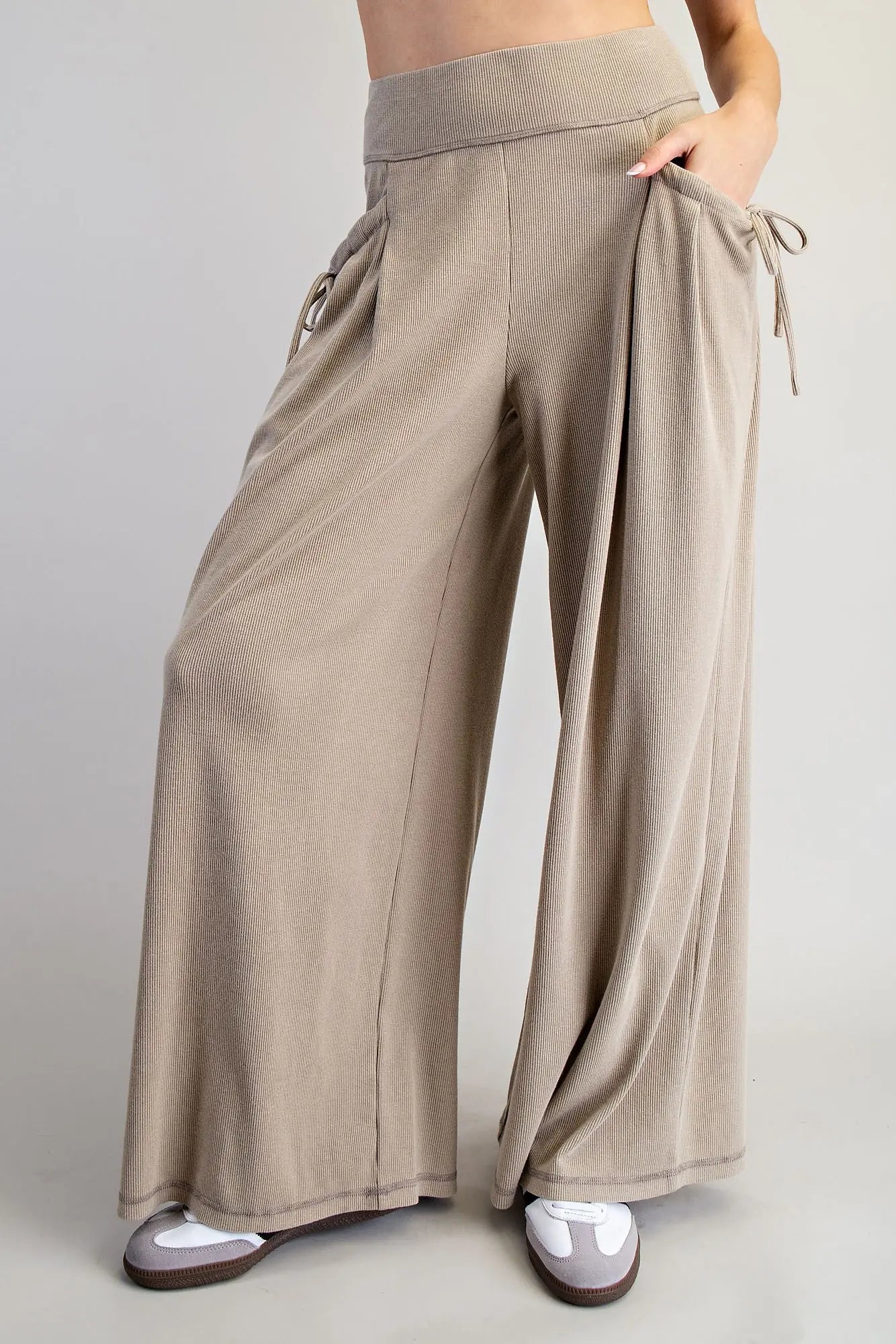 Drawstring Tie Pocket Wide Leg Ribbed Knit Pants