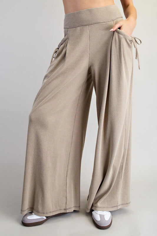 Drawstring Tie Pocket Wide Leg Ribbed Knit Pants