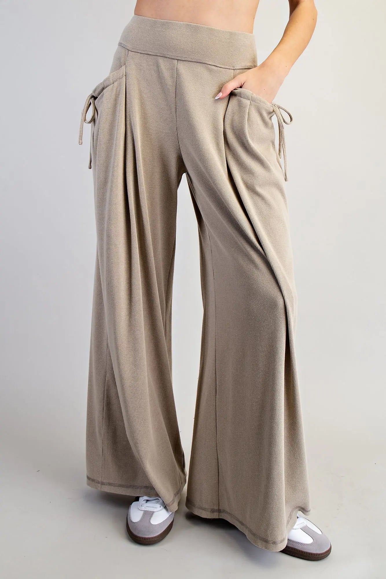 Drawstring Tie Pocket Wide Leg Ribbed Knit Pants