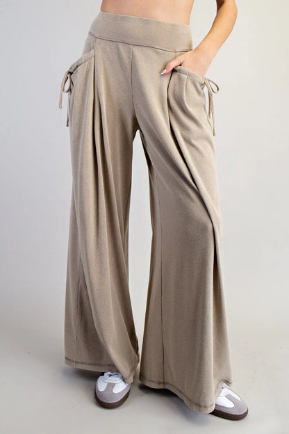 Drawstring Tie Pocket Wide Leg Ribbed Knit Pants