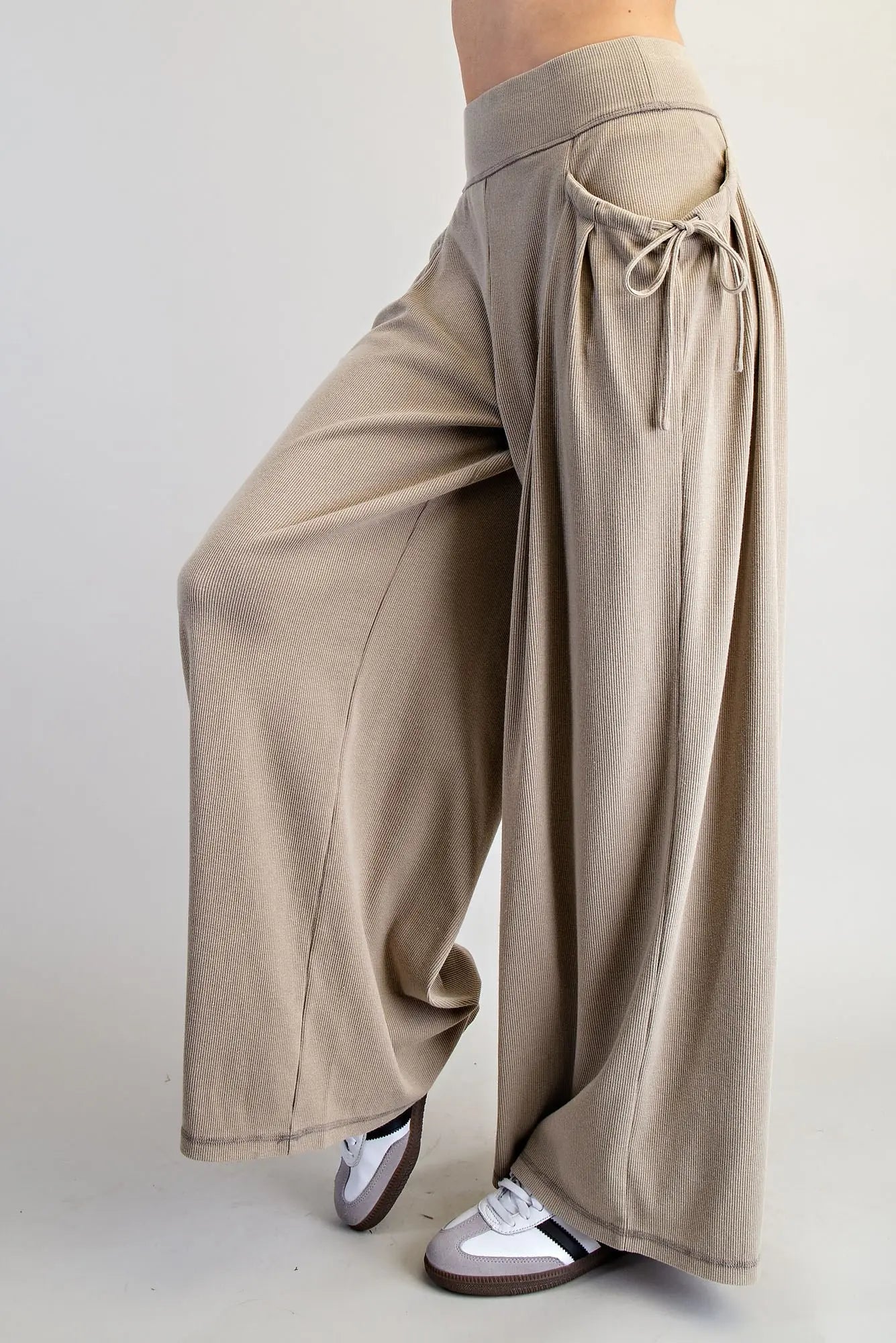 Drawstring Tie Pocket Wide Leg Ribbed Knit Pants
