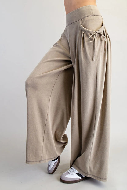 Drawstring Tie Pocket Wide Leg Ribbed Knit Pants