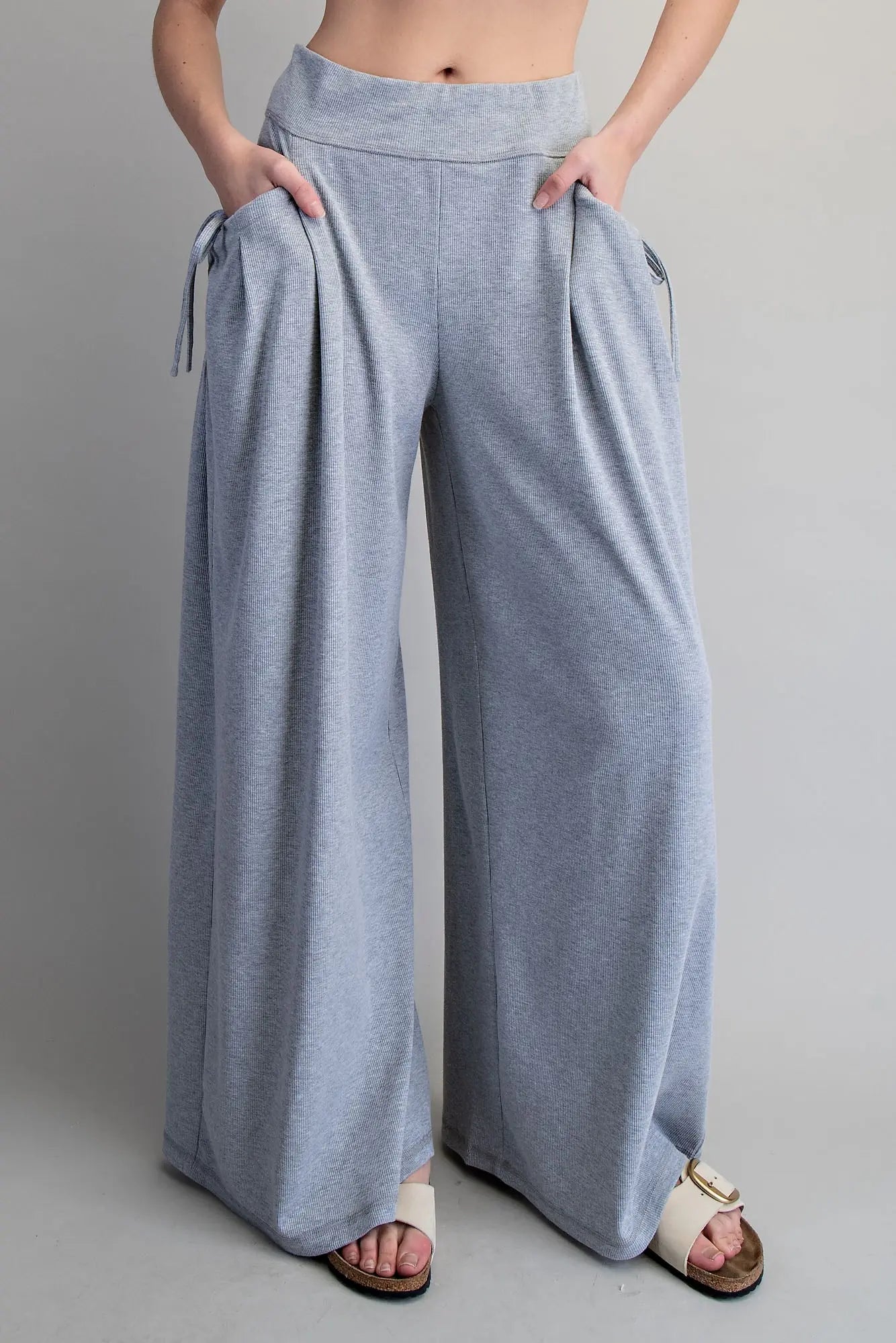 Drawstring Tie Pocket Wide Leg Ribbed Knit Pants