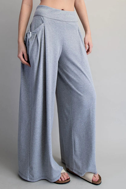 Drawstring Tie Pocket Wide Leg Ribbed Knit Pants