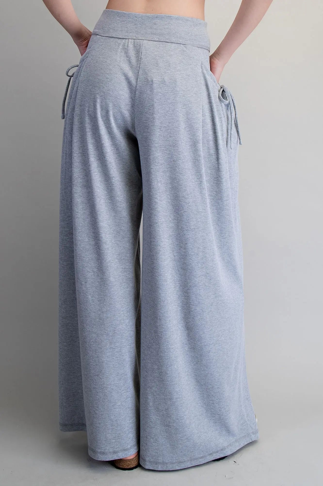 Drawstring Tie Pocket Wide Leg Ribbed Knit Pants