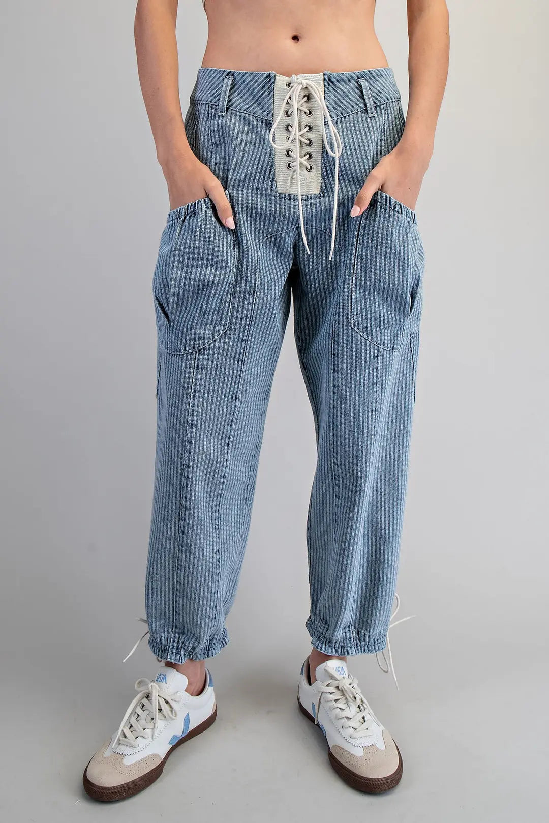 Mineral Washed Striped Lace Up Pants