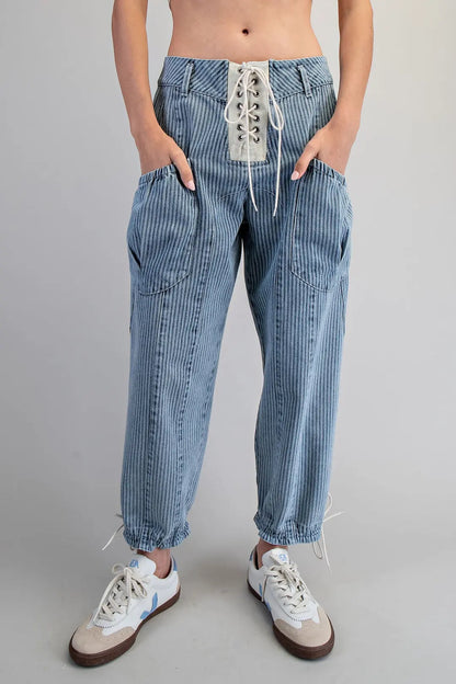 Mineral Washed Striped Lace Up Pants