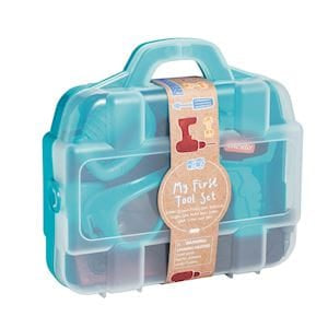 Children's toy tool set in a clear blue case on a white background