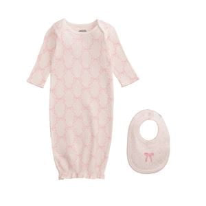 Pink bow-print baby gown and matching bib set with long sleeves