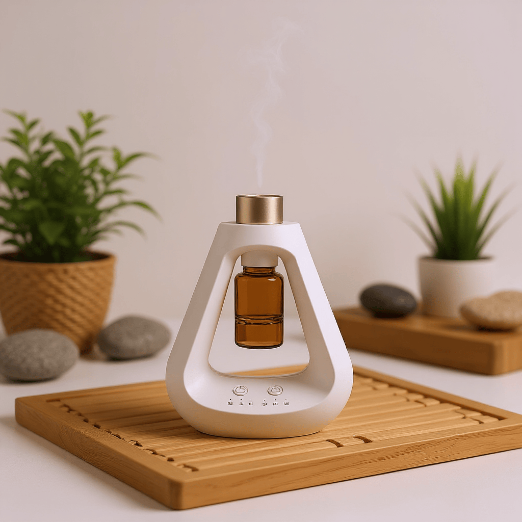 Candyl Delta Waterless Diffuser in white with amber oil bottle on bamboo tray