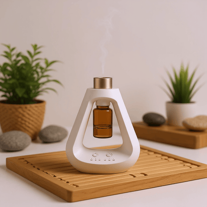 Candyl Delta Waterless Diffuser in white with amber oil bottle on bamboo tray