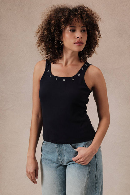 U- Neck Eyelet Ribbed Tank Top