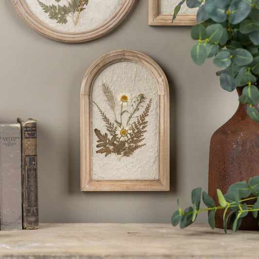 10" Pressed White Flower In Arched Frame