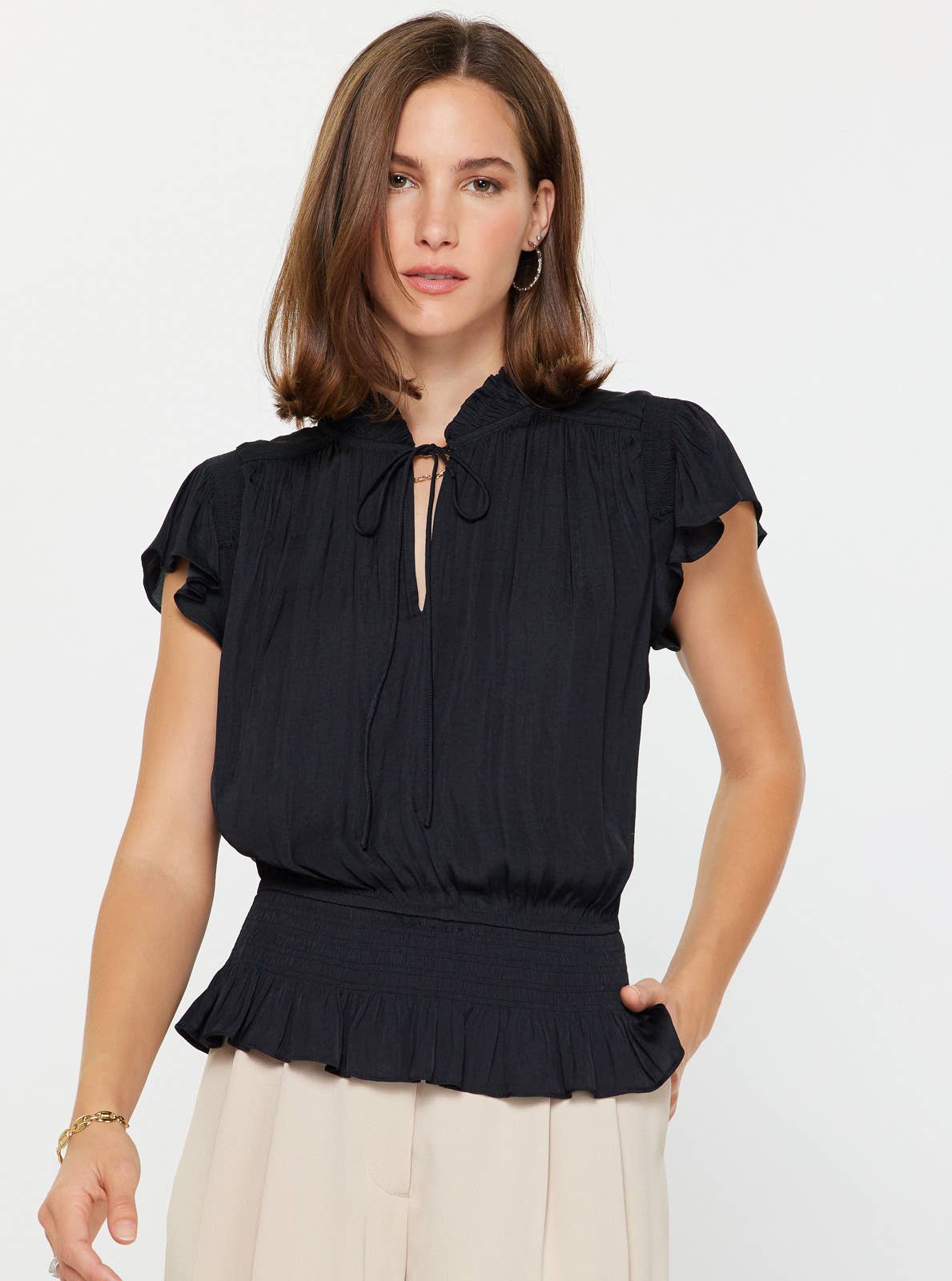 Smocking Waist Flutter Sleeve Blouse