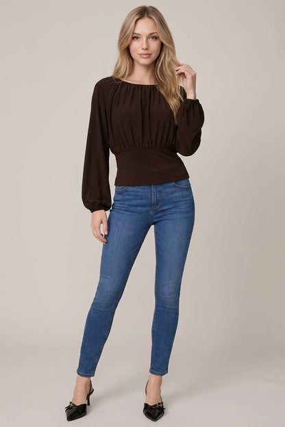 SOFT BRUSHED KNIT FLOWY RUCHED BALLOON SLEEVE TOP - 45980T